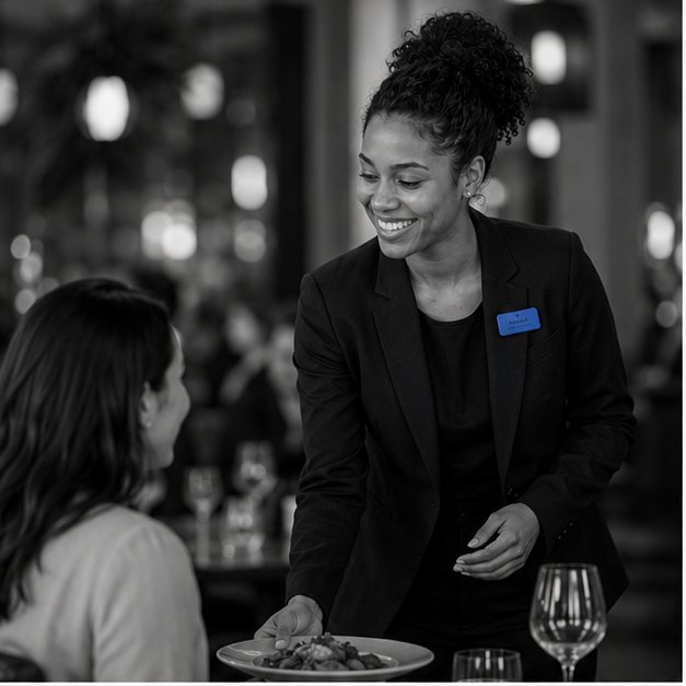 Serveuse accueillant une cliente en salle